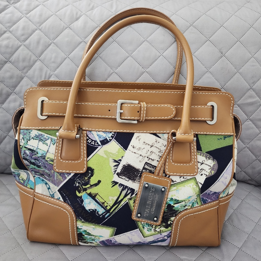 Talbots Travel Postcard Canvas Leather Totebag Purse With Leather Handles